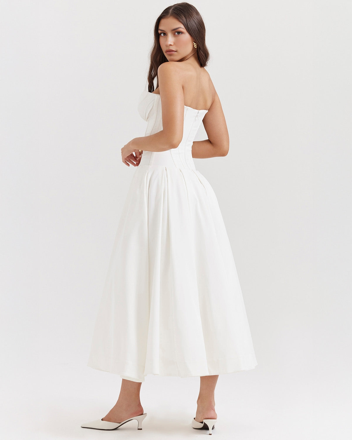 Strapless Corset Plunging Sweetheart Neck Pleated Full Skirt Pocket Midi Dress