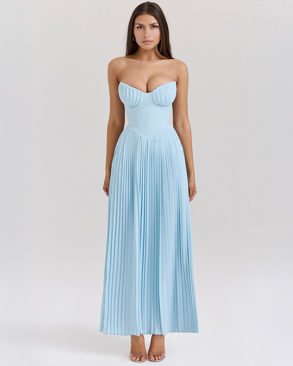 Strapless Sweetheart Accordion Pleat Corset Waist Maxi Dress