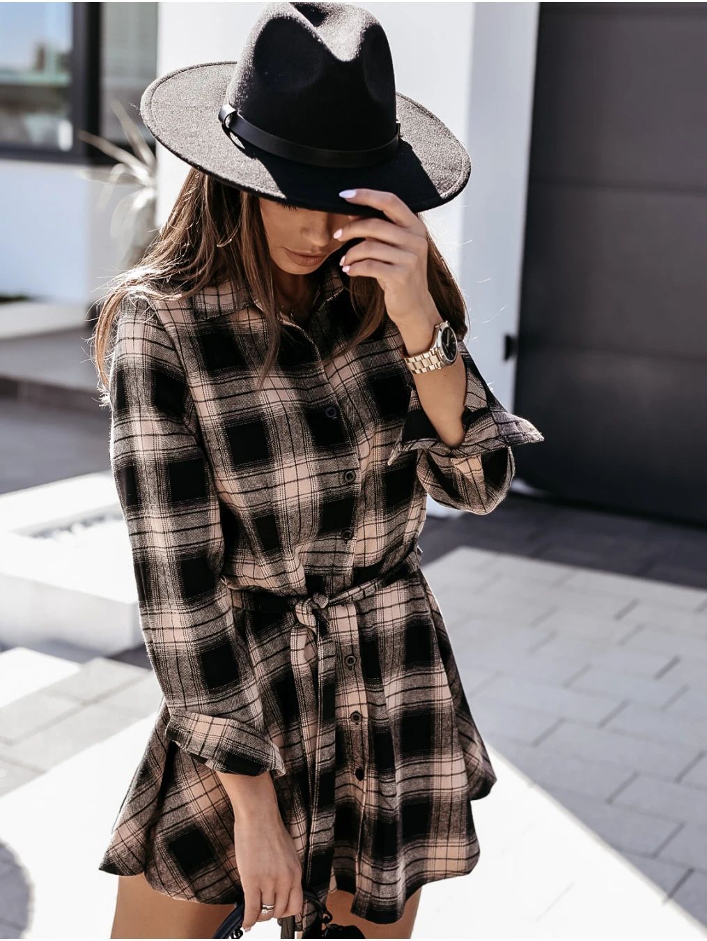 Spread Collar Button Front Belted Plaid Shirt Mini Dress