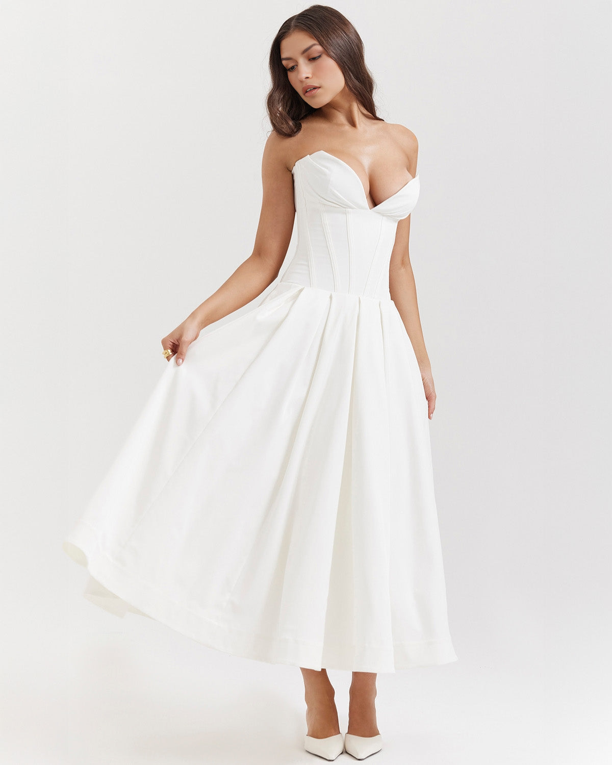 Strapless Corset Plunging Sweetheart Neck Pleated Full Skirt Pocket Midi Dress