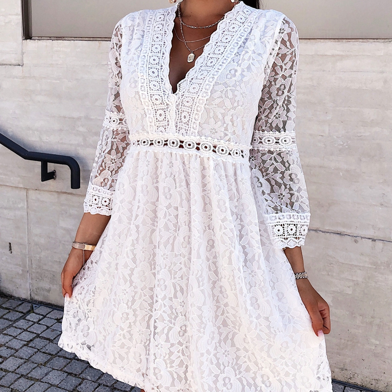 Floral Lace Deep V-Neck Long Sleeve Eyelet Crochet Trim Fit and Flare Mini Dress