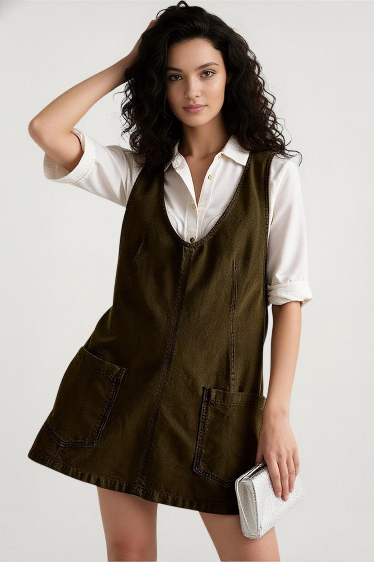 Deep V Neck Patch Pocket Princess Seam Denim Pinafore Mini Dress