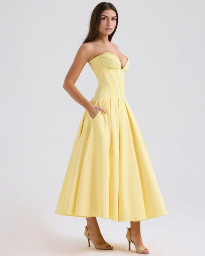 Strapless Corset Plunging Sweetheart Neck Pleated Full Skirt Pocket Midi Dress