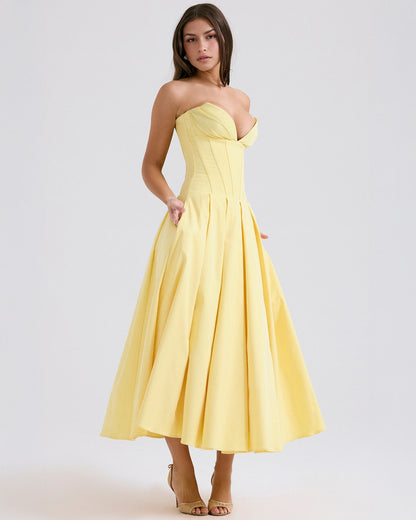 Strapless Corset Plunging Sweetheart Neck Pleated Full Skirt Pocket Midi Dress