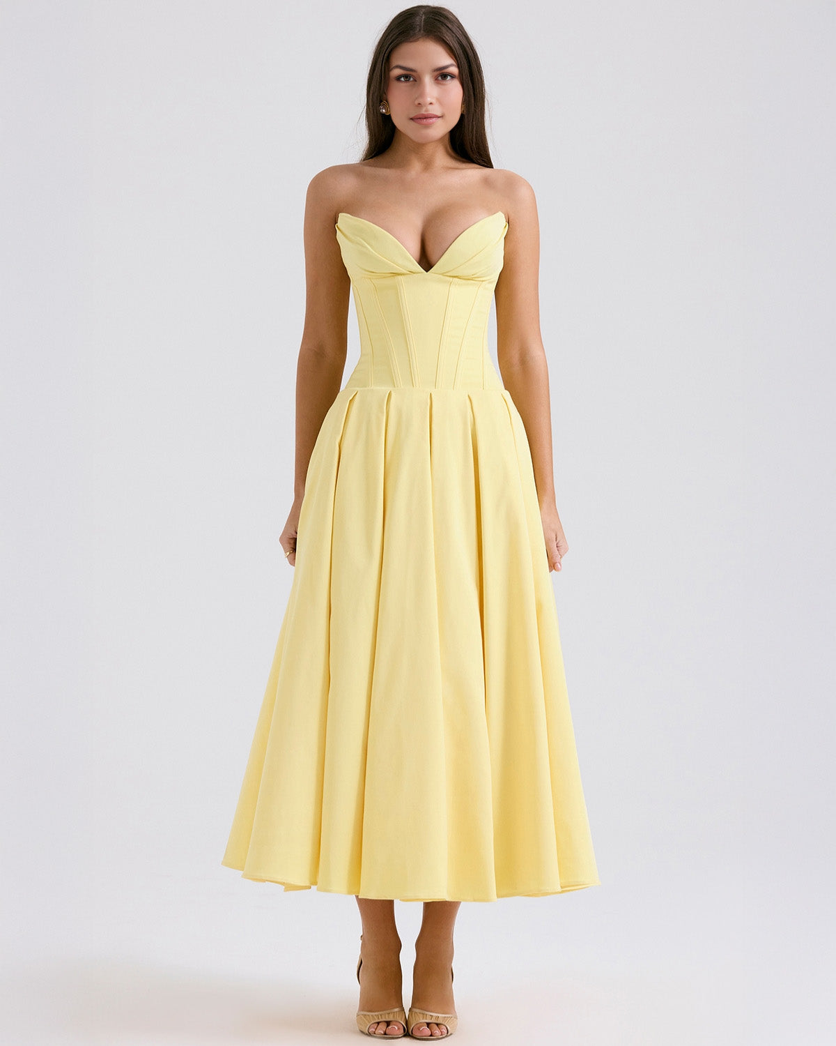 Strapless Corset Plunging Sweetheart Neck Pleated Full Skirt Pocket Midi Dress