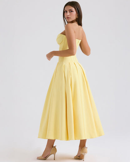 Strapless Corset Plunging Sweetheart Neck Pleated Full Skirt Pocket Midi Dress