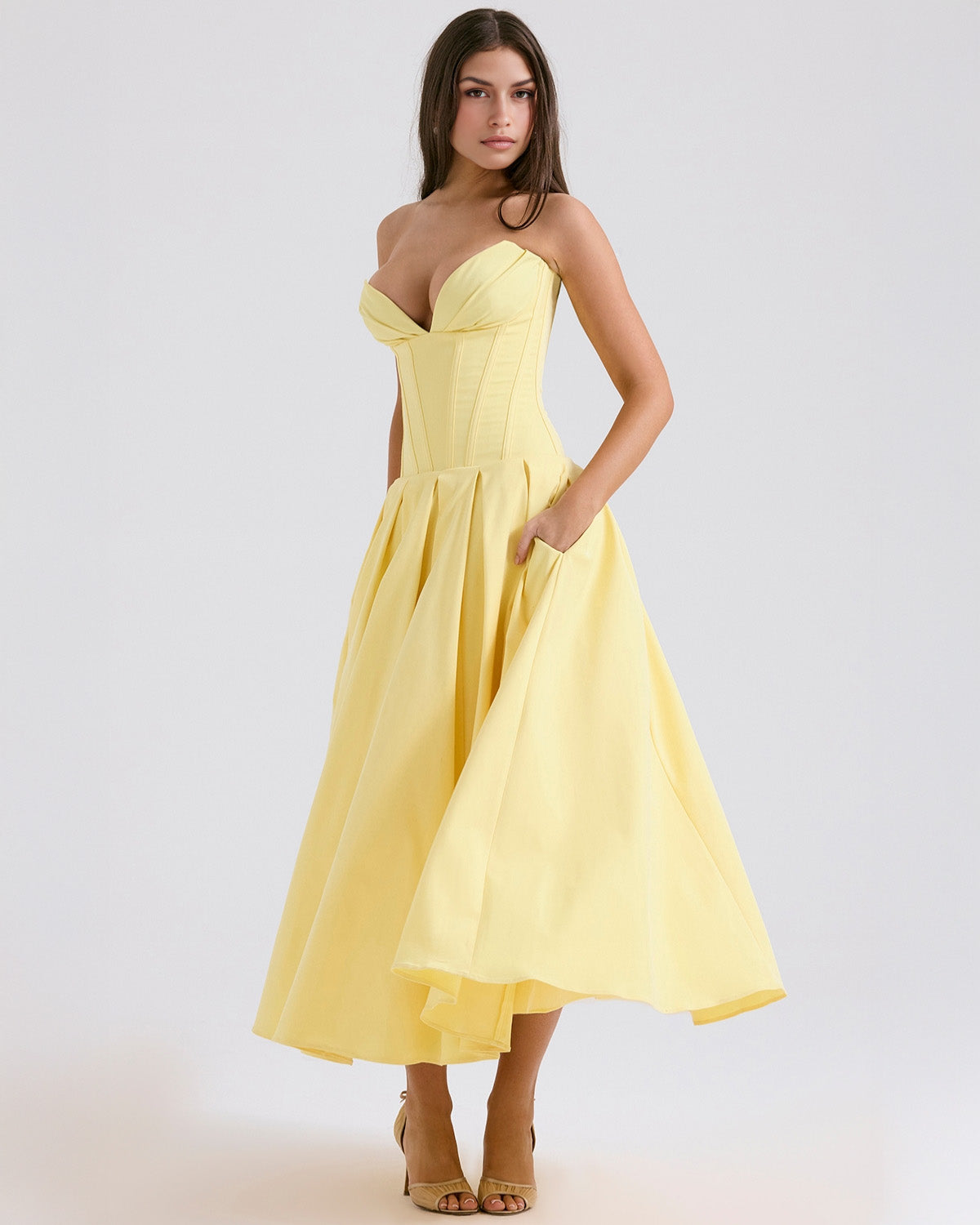 Strapless Corset Plunging Sweetheart Neck Pleated Full Skirt Pocket Midi Dress