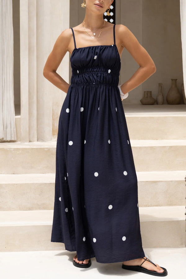 Polka Dot Print Spaghetti Strap Pleated Waist Casual Pocket Maxi Dress