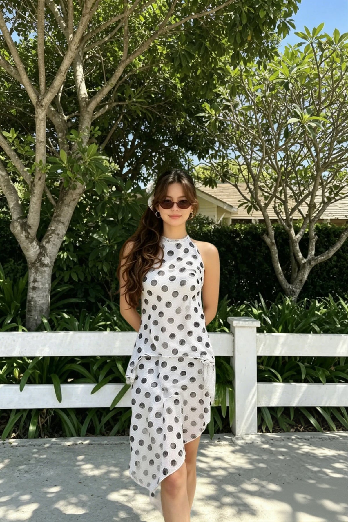 Halter Neck Lace Trim Polka Dot Handkerchief Hem Tunic and Midi Skirt Set