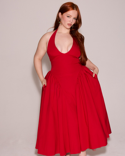 Halter Neck Plunging V Neck Dropped Waist Pleated Full Skirt Midi Dress