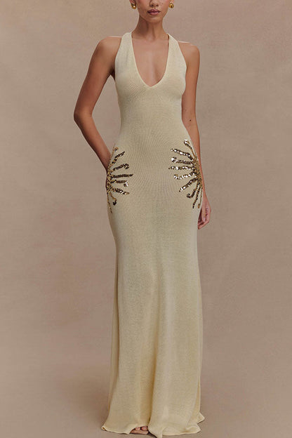 Sparkling Nights Knit Sunburst Sequin Detail Back Cross Straps Stretch Maxi Dress