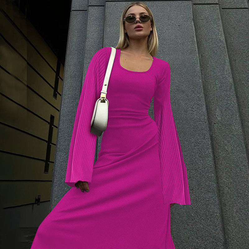 Scoop Neck Long Sleeve Bell Cuff Rib Knit Maxi Dress