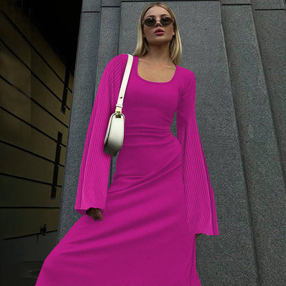 Scoop Neck Long Sleeve Bell Cuff Rib Knit Maxi Dress