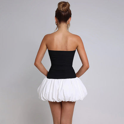 Strapless Ruched Bubble Hem Colorblock Mini Dress