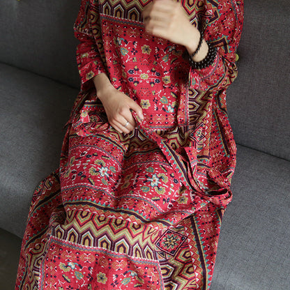 Boat Neck Three Quarter Sleeve Ethnic Geometric Print Tie Waist Maxi Dress