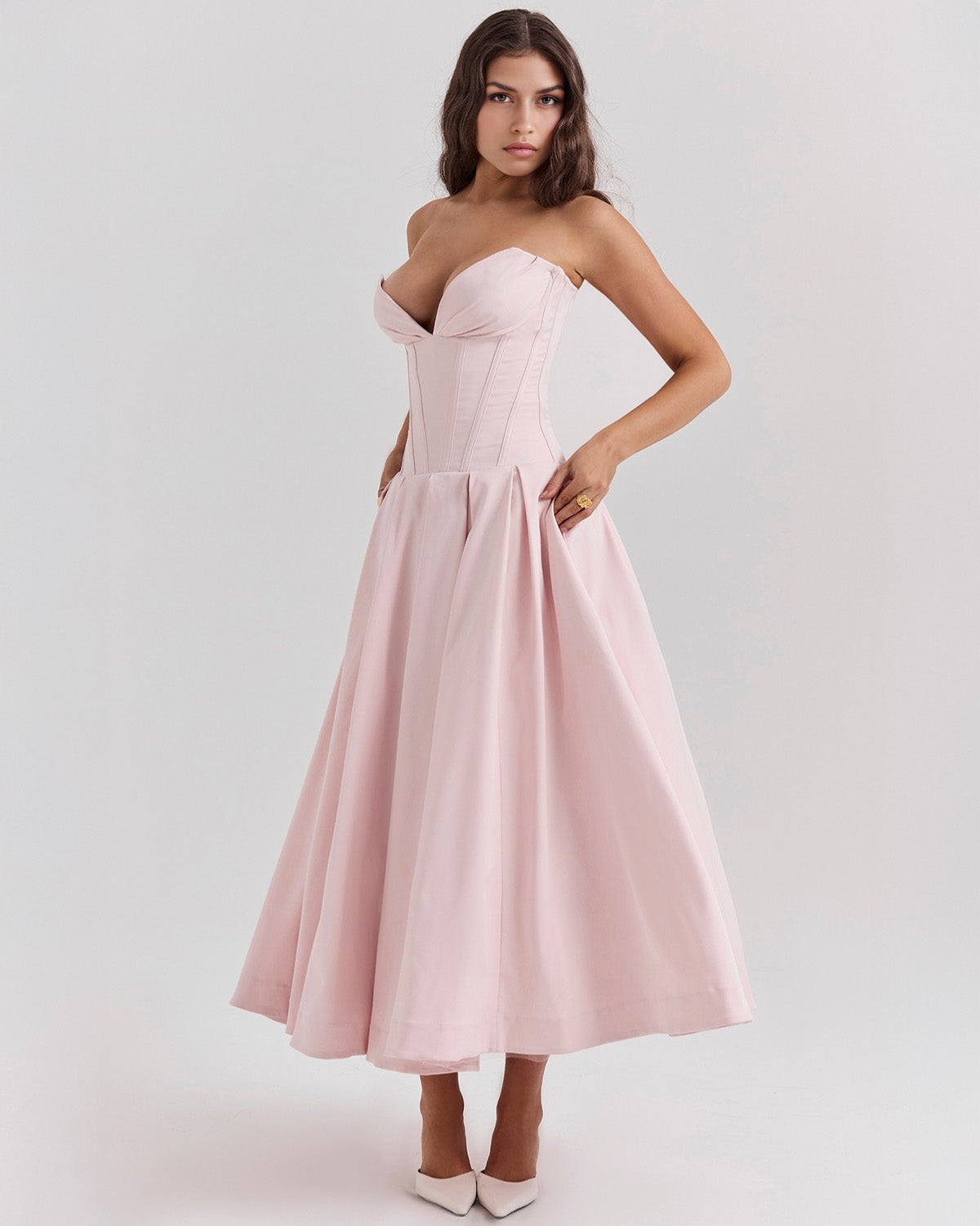 Strapless Corset Plunging Sweetheart Neck Pleated Full Skirt Pocket Midi Dress