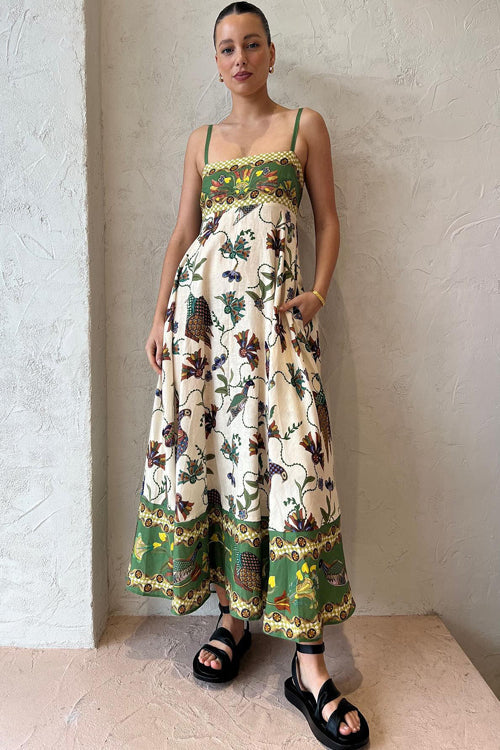 Spaghetti Strap Empire Waist Bird Botanical Border Print Pocket Maxi Dress