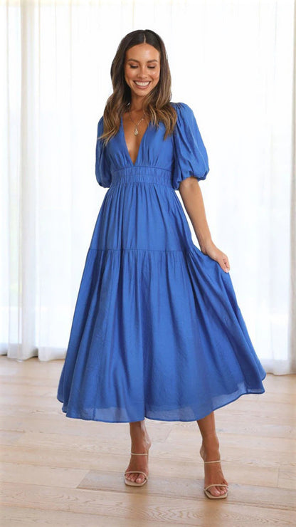 Deep V Neck Puff Sleeve Smocked Waist Tiered Midi Dress