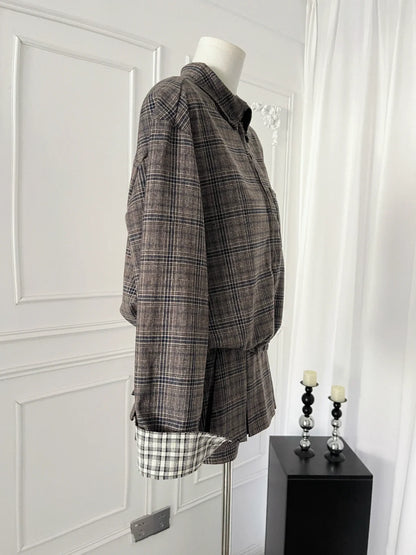 Sweet Hot Girl College Style Suit Women's Autumn Plaid Loose Zipper Jacket High Waist A-line Skirt Two-piece Set Female Clothes