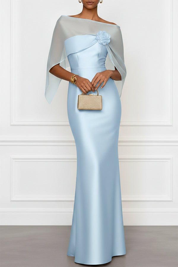 Lucero 3D Floral Satin Boat Neck Short Sleeve Sheath  Capelet Gown Maxi Dress