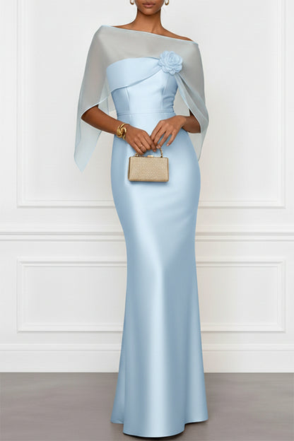 Lucero 3D Floral Satin Boat Neck Short Sleeve Sheath  Capelet Gown Maxi Dress