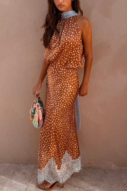 Stunning Fawn Print Contrast Color Satin Lace Trim Neck Strap Loose Tank
