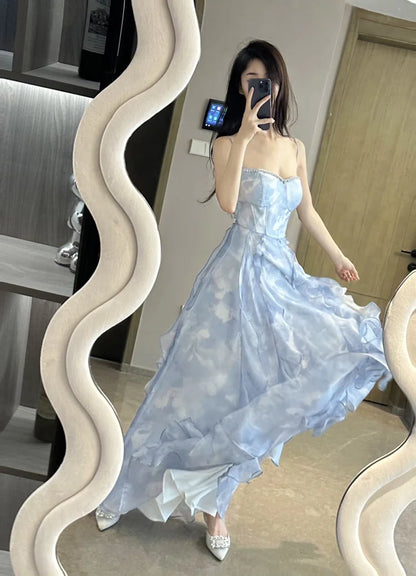 Evening Party Dress Summer Spaghetti Straps High Waist Ruffles Patchwork Print French Dresses Beach Holiday Fairy Long Dresses