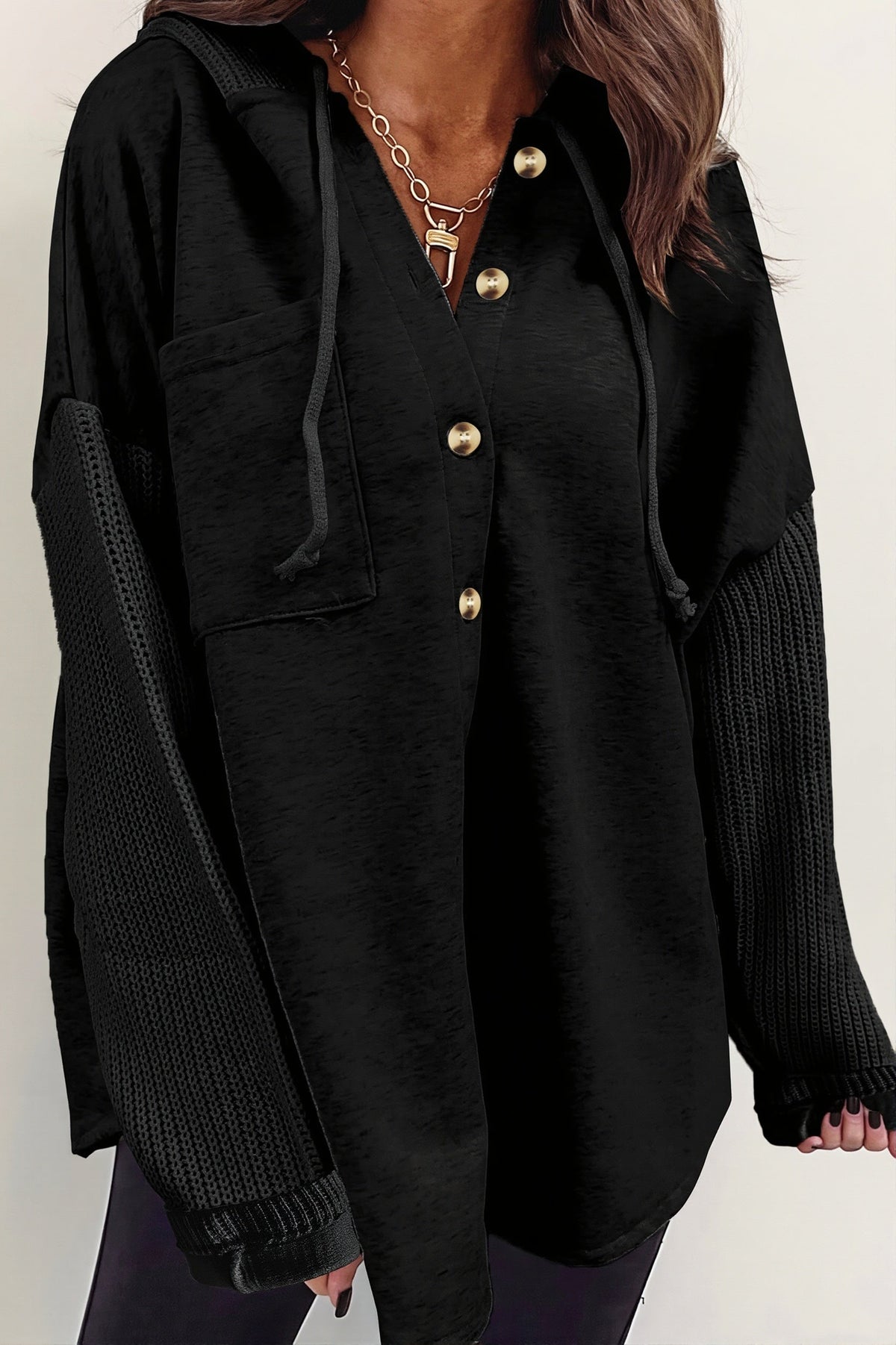 Ribbed Sleeve Patchwork Button Hoodie