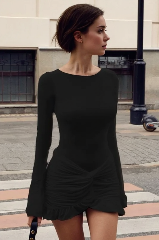 Ruched Crew Neck Twist Knot Mini Party Dress