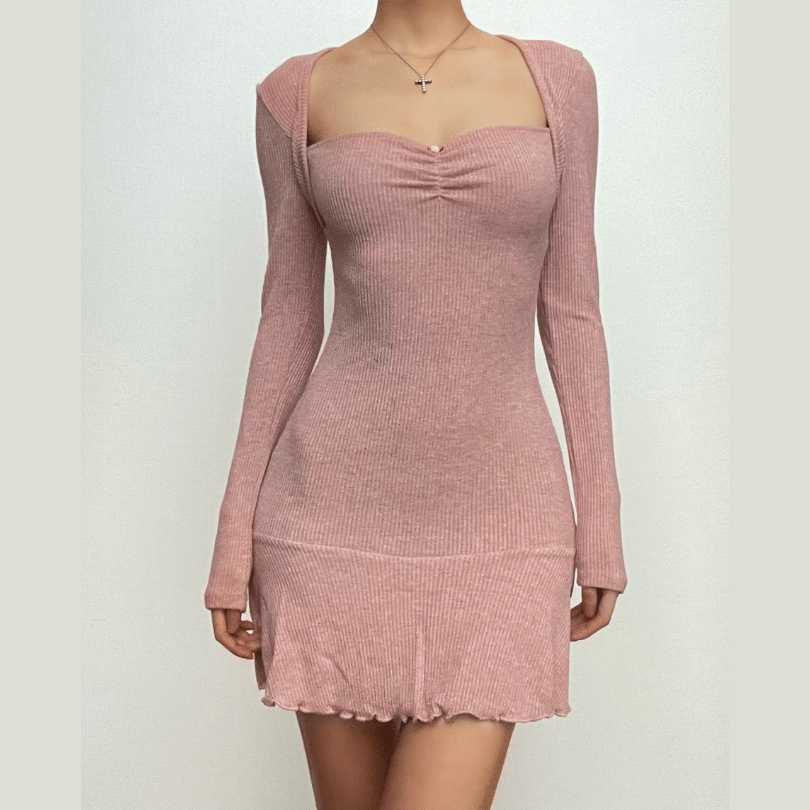 Sweetheart Neck Ribbed Knit Ruffle Shrug Long Sleeve Tube Mini Dress