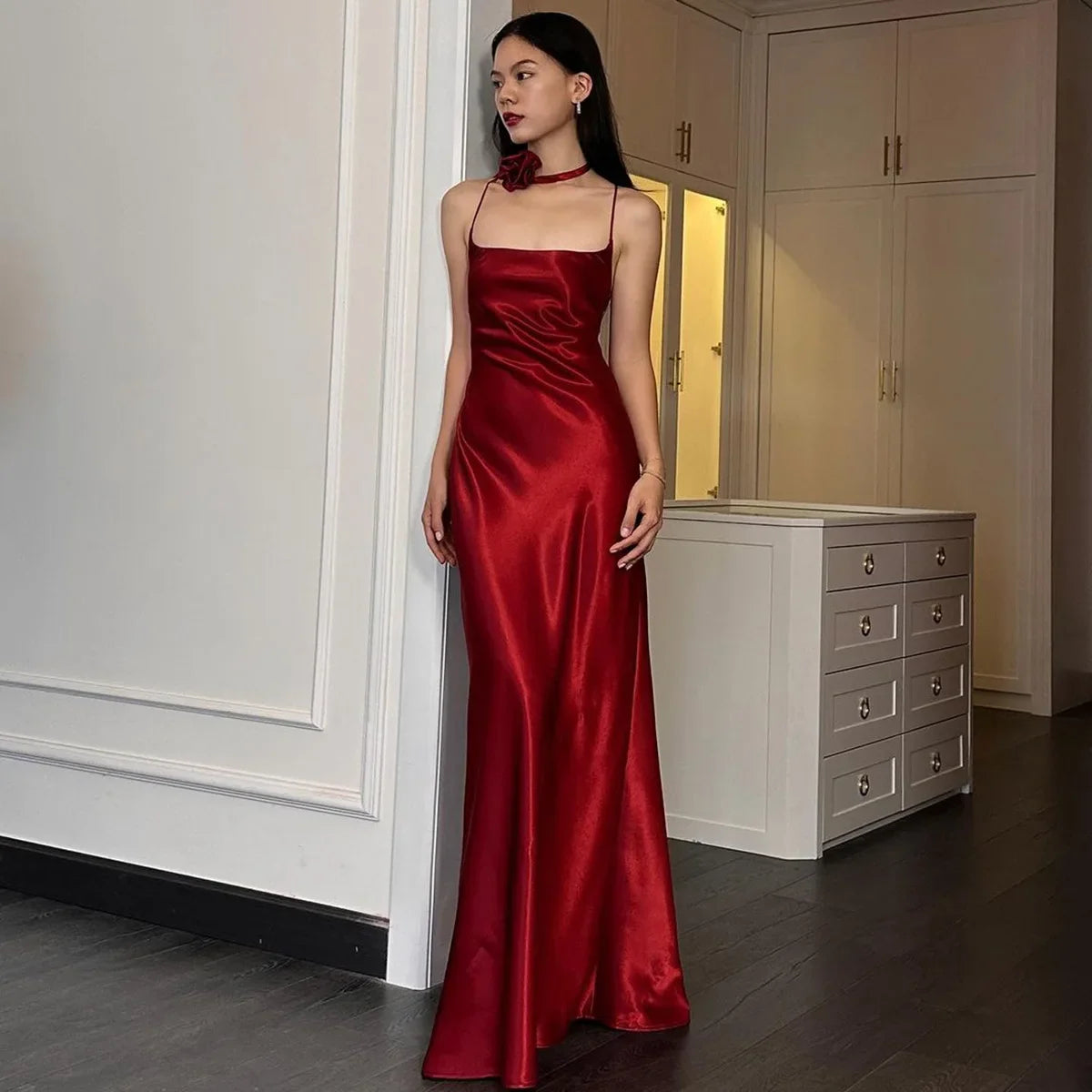 Backless Floral Strap Long Dress Women's Summer Fashion Solid Color Slim Strap One-Neck Evening Dress Elegant Long Dress