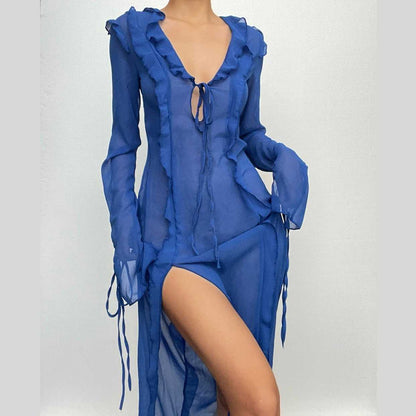 Sheer Chiffon Ruffle Trim Tie Front V-Neck Long Sleeve High Slit Maxi Dress
