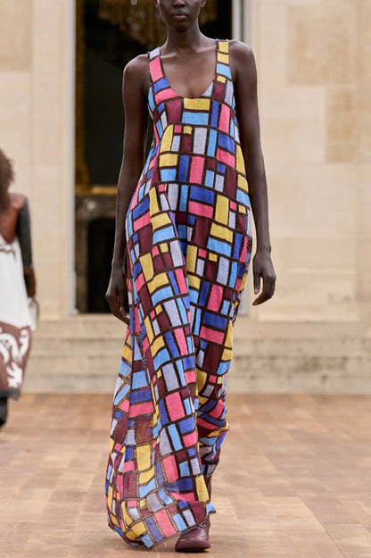 Stylish Color-blocked Plaid Print Sleeveless Round Neck Loose Maxi Dress