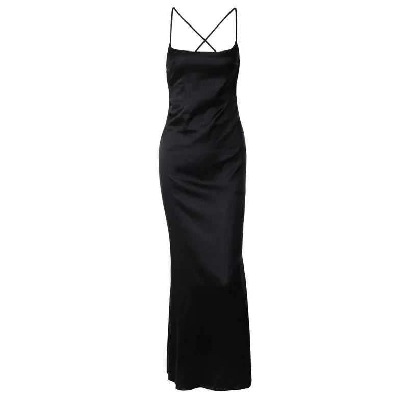 Backless Floral Strap Long Dress Women's Summer Fashion Solid Color Slim Strap One-Neck Evening Dress Elegant Long Dress