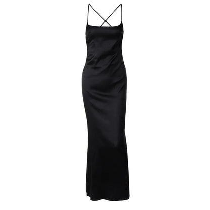 Backless Floral Strap Long Dress Women's Summer Fashion Solid Color Slim Strap One-Neck Evening Dress Elegant Long Dress