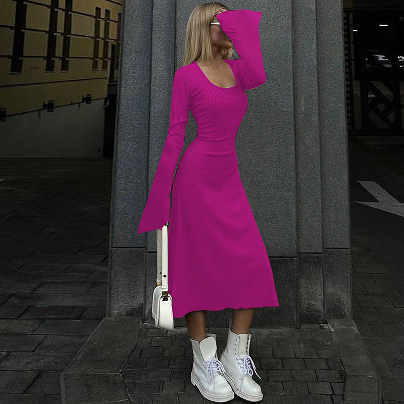 Scoop Neck Long Sleeve Bell Cuff Rib Knit Maxi Dress