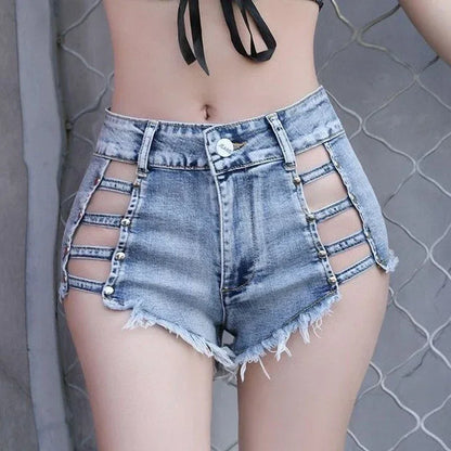 Hollow Out Frayed Mini Jean Shorts for Women Clubwear