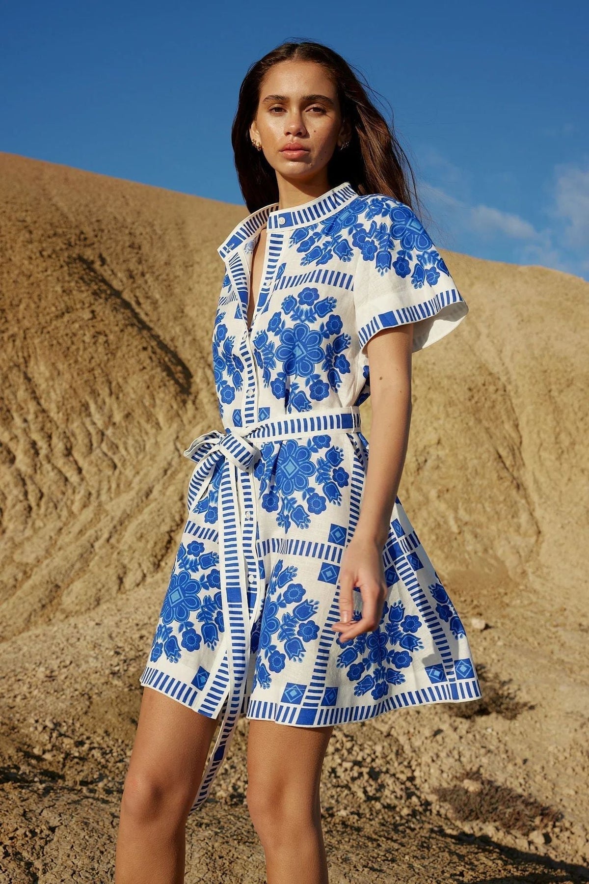 Mandarin Collar Short Sleeve Tie Waist Folk Floral Geometric Print Shirt Mini Dress