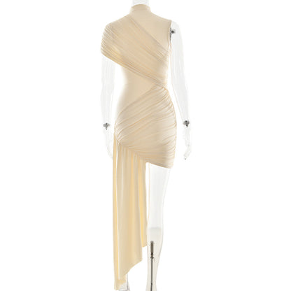 Mock Neck Asymmetric Drape Ruched Mini Dress