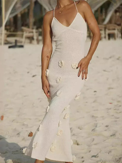 3D Flower V-neck Backless Lace-Up Maxi Floral Dress