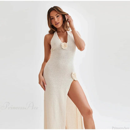 3D Flower V-neck Backless Lace-Up Maxi Floral Dress