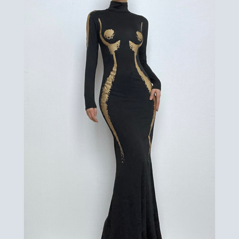 Mock Neck Long Sleeve Body Silhouette Graphic Mermaid Maxi Dress