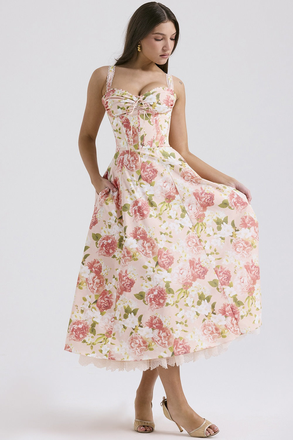 Corset Bodice Lace-Up Sweetheart Floral Print Sleeveless Midi Dress