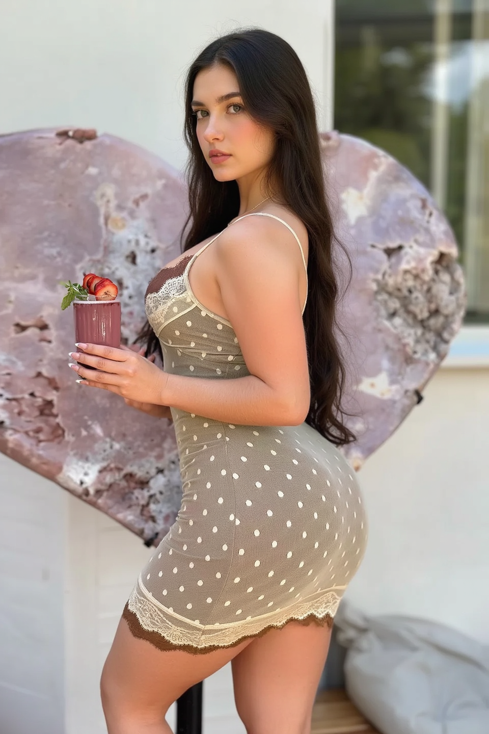 Sweetheart Neck Lace Trim Bow Center Polka Dot Layered Lace Hem Mini Dress