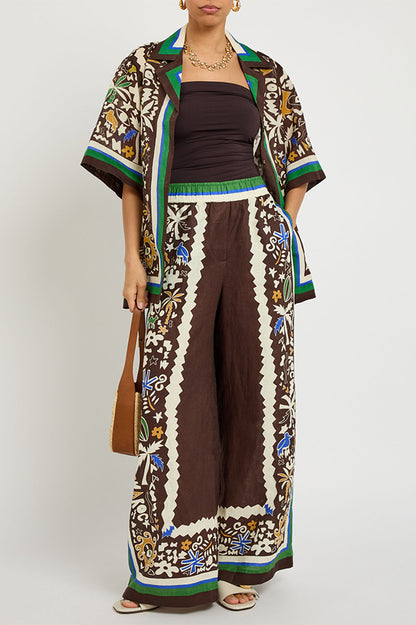 Antibes Satin Court Unique Printed Long Sleeve Loose Shirt and Elastic Waist Pants Set