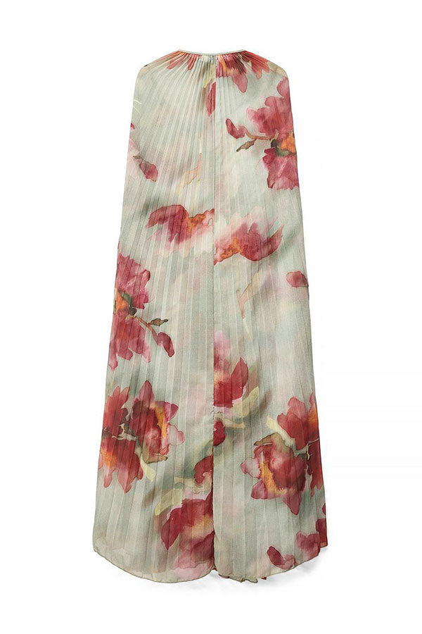 Sweet Story Pleated Chiffon Floral Print Detachable Cape Detail Maxi Dress