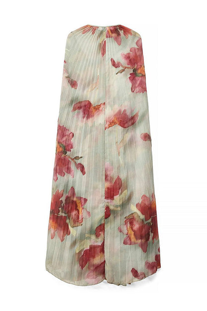 Sweet Story Pleated Chiffon Floral Print Detachable Cape Detail Maxi Dress