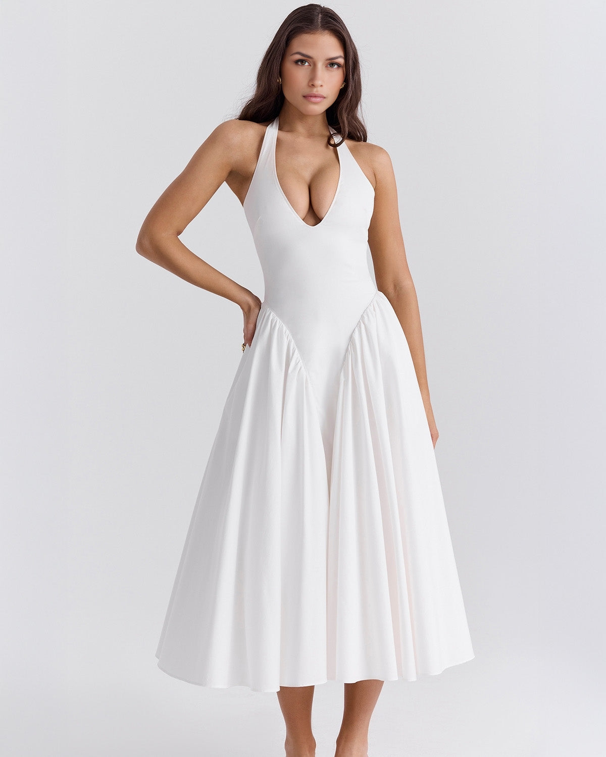 Halter Neck Plunging V Neck Dropped Waist Pleated Full Skirt Midi Dress