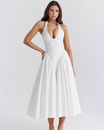 Halter Neck Plunging V Neck Dropped Waist Pleated Full Skirt Midi Dress