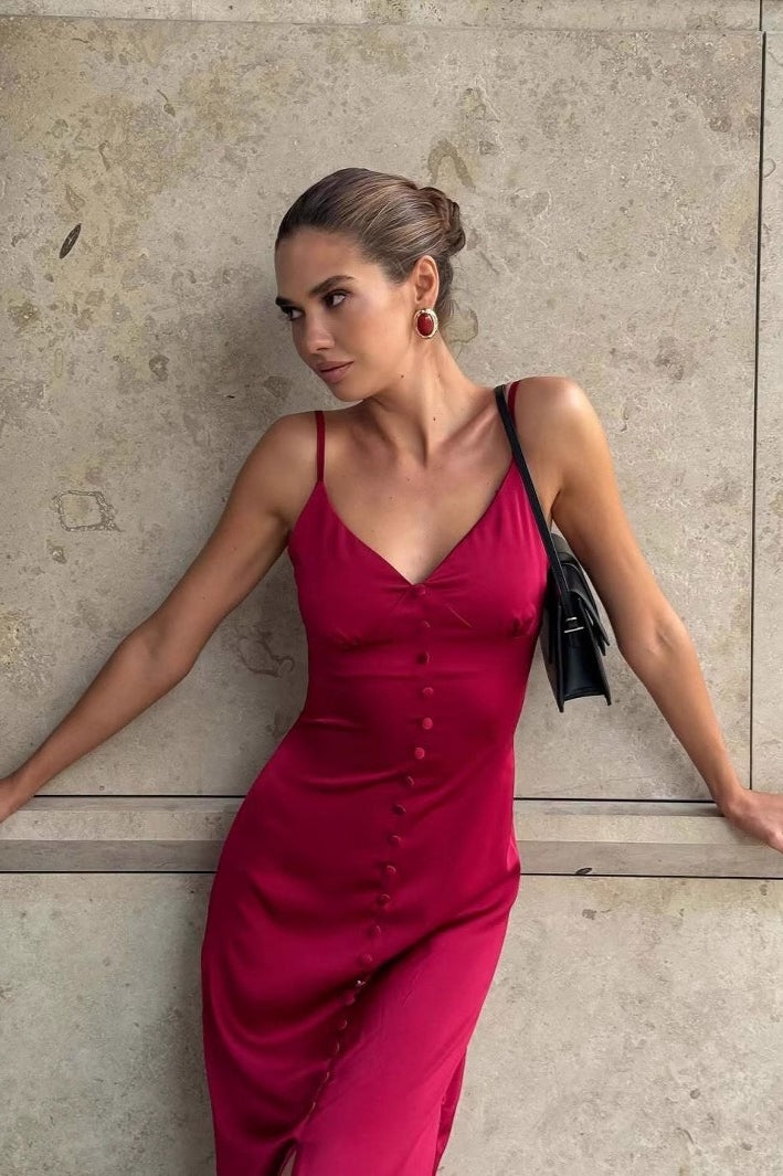 Solid Lace-Trim Cami Maxi Silk Dress
